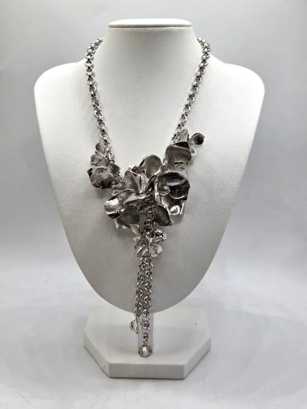 Silver Tone Floral Statement Necklace With Chain Tassels & Crystal Accents